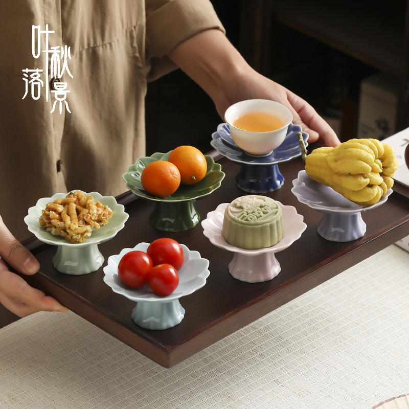 Chinese-style High-legged Ceramic Refreshment Plate small size Refined Dishpoint Plate snack plate for tea break pastry snack plate fruit plate