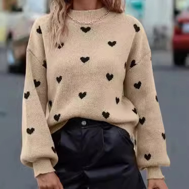European and American Fashionable Autumn and Winter New Sweaters Long-Sleeved Round Neck Knitted Pullover Heart Loose Casual Women's Clothing European and American Fashionable Autumn and Winter New Sweaters Long-Sleeved Round Neck Knitted Pullover Heart Loose Casual Women's Clothing