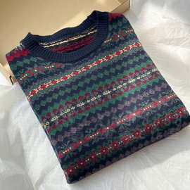 北欧费尔岛重工提花 柔暖羊毛复古氛围套头宽松针织毛衣女秋冬