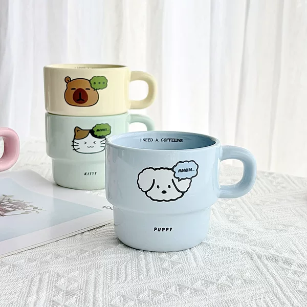 Ceramic Stacking Cups, Custom Colored Mugs, Latte Coffee Cups, Breakfast Milk Cups, Cute Macaron Ceramic Cups