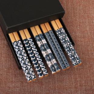 Japanese Style Printed Cuisine Chopsticks Boxed 5 Pair of Creative Household Tableware Dining Blue and White Porcelain Creative Printed Bamboo Chopsticks