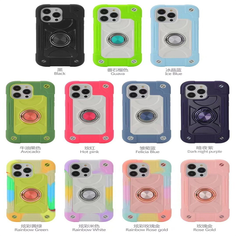Cross-Border Applicable Iphone17 Colorful Dual-Ring Phone Case Apple 16Promax Magnetic Silicone Pc Phone Case