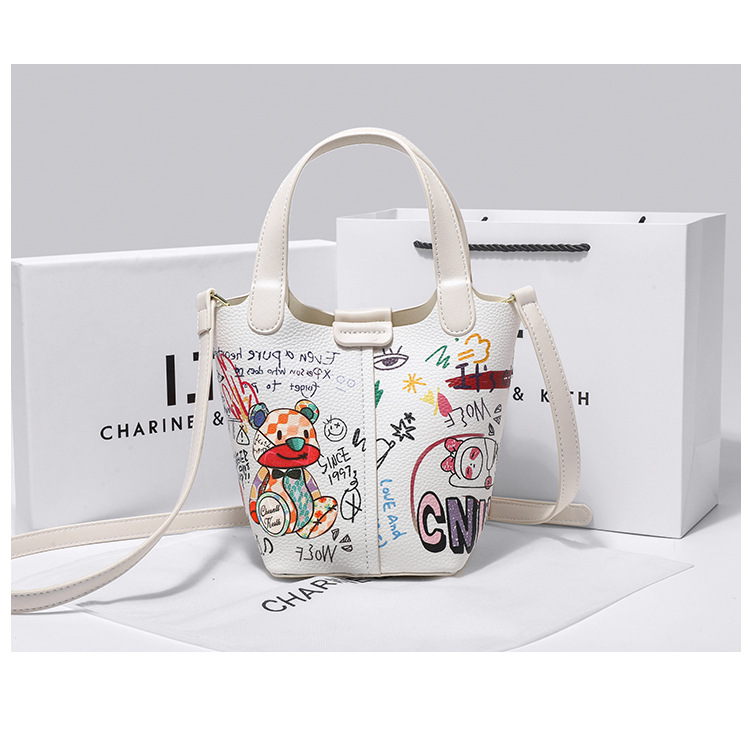 Little Bear Graffiti Basket Bucket for Women 2024 New High end Fashion Versatile Handheld Crossbody Bag_voghion.com