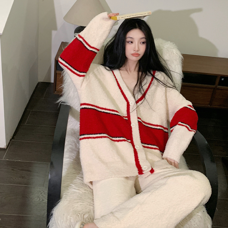 韩版V领撞色开衫半边绒睡衣女冬天慵懒风红色显白加厚保暖家居服|undefined