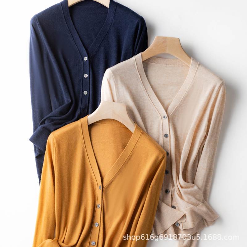 Merino Worsted Wool Cardigan Women's Outer Thin Sweater Slim-fit Slimming Spring and Summer Air-conditioning Shirt Small Coat
