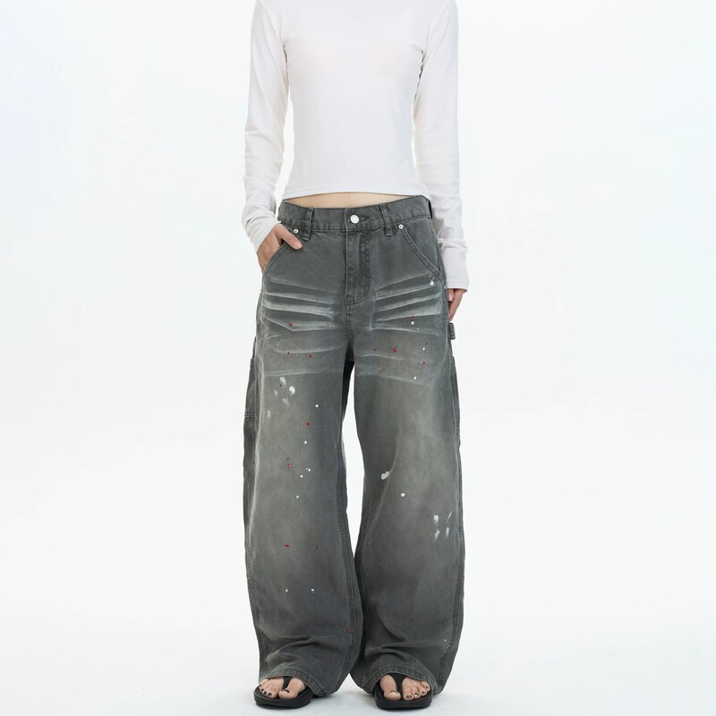 American-Style Washed Vintage Splatter-Ink Lumberjack Straight-Leg Jeans for Men and Women, New Trendy Brand, Cool Loose Vibe Pants American-Style Washed Vintage Splatter-Ink Lumberjack Straight-Leg Jeans for Men and Women, New Trendy Brand, Cool Loose Vibe Pants