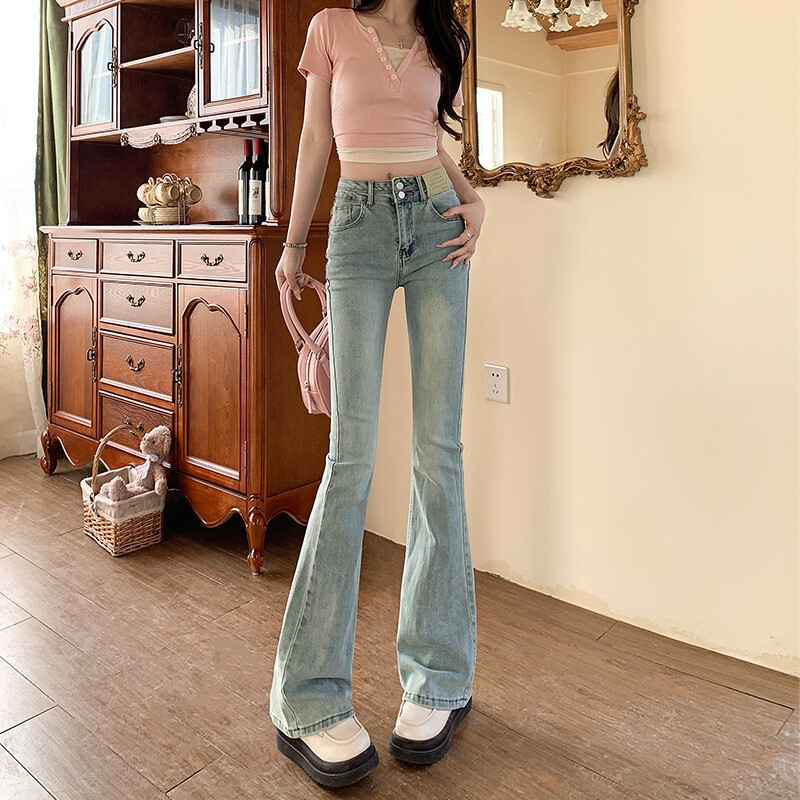 Unique and Super Good-Looking Light-Colored Bootcut Jeans for Women Spring New 2025 Design High-Waisted Elastic Slimming Look Bell-Bottom Pants