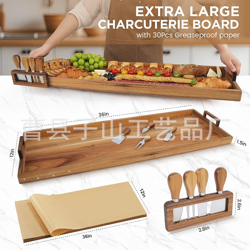 Acacia madera bandeja de queso con cuchillo conjunto de platos de cocina rectangulares con mango bandeja de comedor regalo de vivienda image 4
