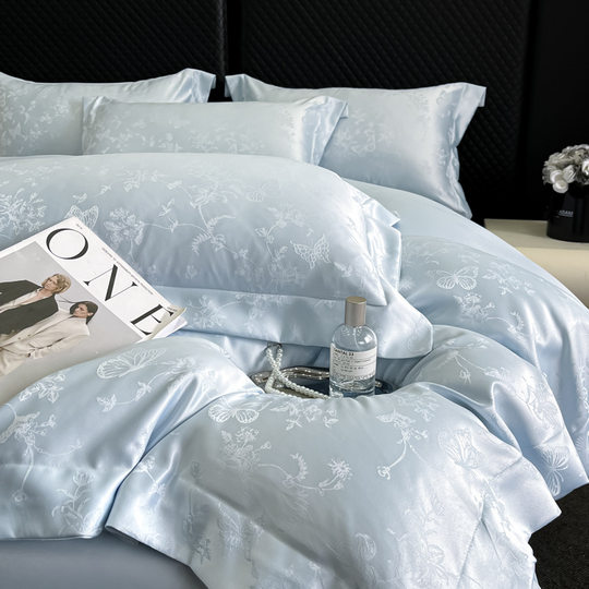 Light Luxury High-end Ice Silk Bed Four-piece Set Summer Washed Silk Sliding Naked Sleeping Jacquard Quilt Cover Bed Sheet Three-piece Set