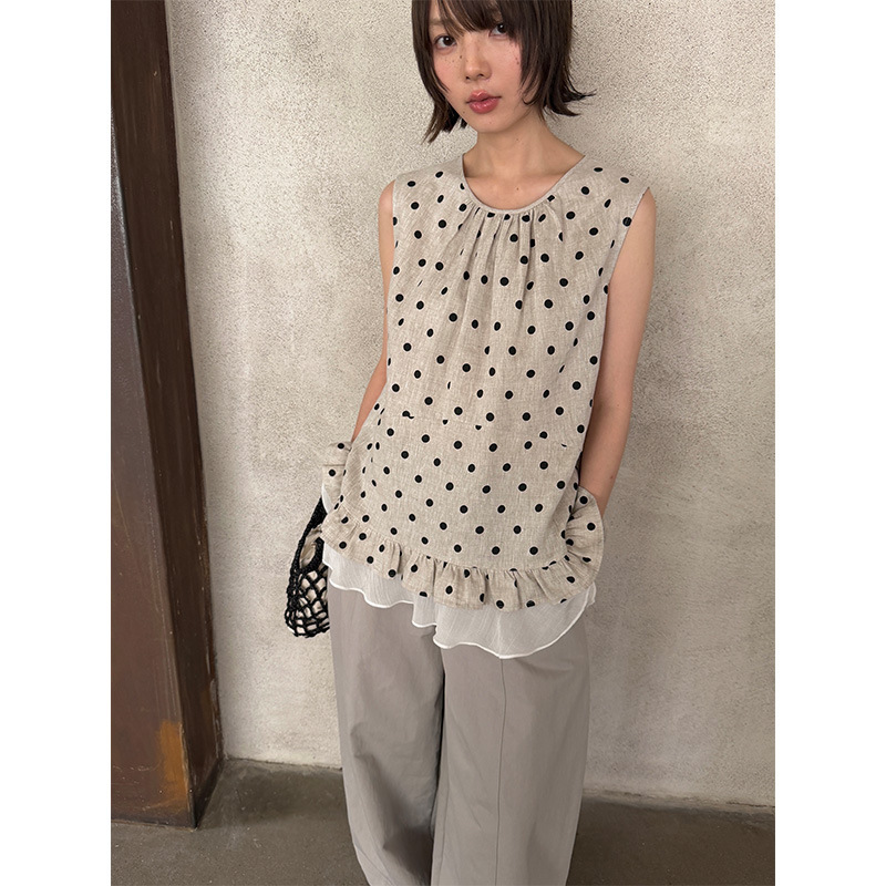Feiding Thirteen Lines Summer Round Neck Sleeveless Korean Style Patchwork Ruffle Polka Dot Youthful Blouse P260 Feiding Thirteen Lines Summer Round Neck Sleeveless Korean Style Patchwork Ruffle Polka Dot Youthful Blouse P260