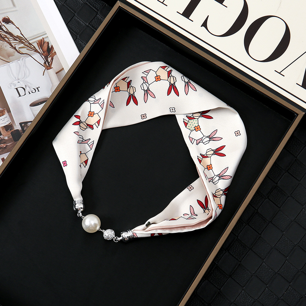 Pañuelo de seda con hebilla magnética de diamantes con incrustaciones de perlas collar mujer retro todo fósforo moda bufanda fina hebilla autocebante babero al por mayor