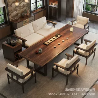 新中式实木罗汉床茶桌椅组合高端会所办公室接待胡桃木茶桌泡茶台