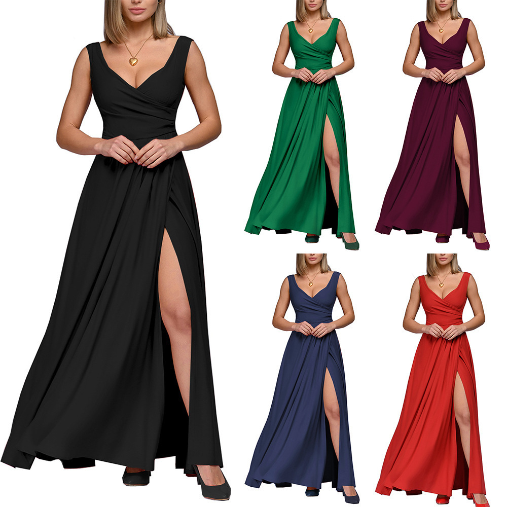 Women's Party Dress Elegant V Neck Thigh Slit Sleeveless Solid Color Maxi Long Dress Banquet display picture 1