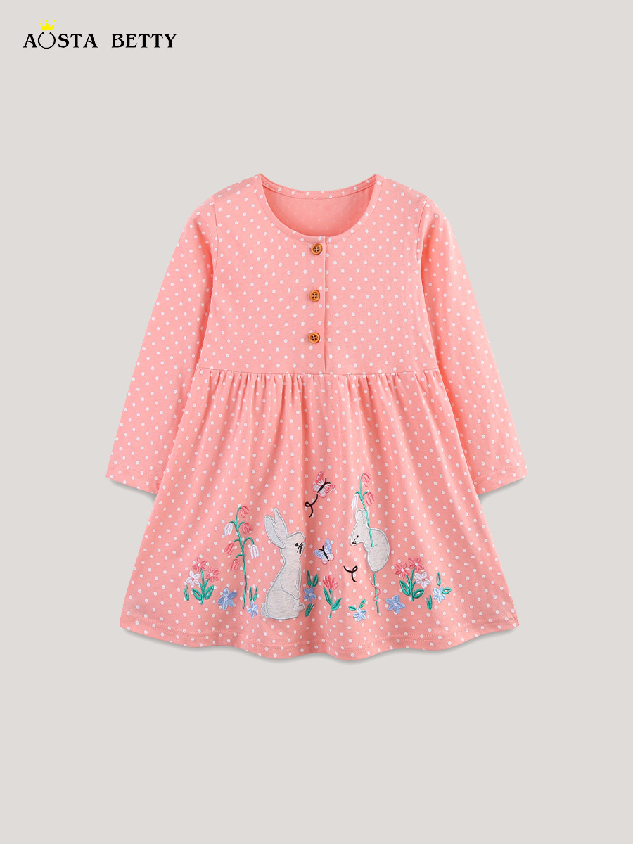 AostaBetty otoño nuevo vestido de niña estilo europeo y americano vestido de princesa para niños de moda vestido de niños bordado de dibujos animados