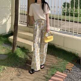 夏日碎花休闲阔腿裤女夏季薄款宽松垂感凉凉长裤印花设计直筒裤子