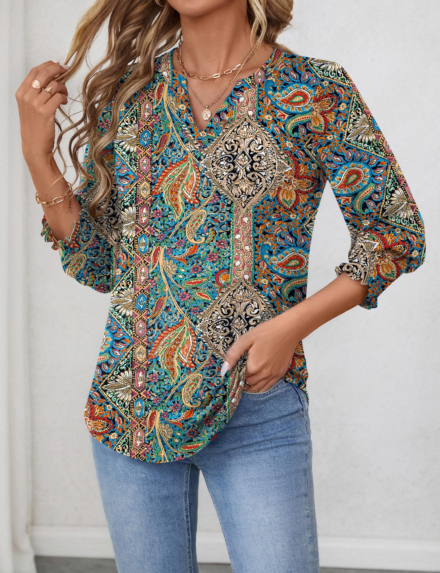 European And American Cross-border Women's 2026 Fashion Top, Three-quarter Sleeve Floral Print Casual Shirt, Summer_ecoleips.com