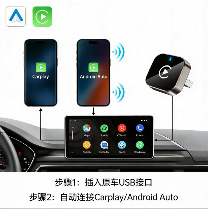 Universal Wireless Carplay Adapter for Cars, 2-in-1 Android Auto Screen Mirroring Plug-In Converter Box