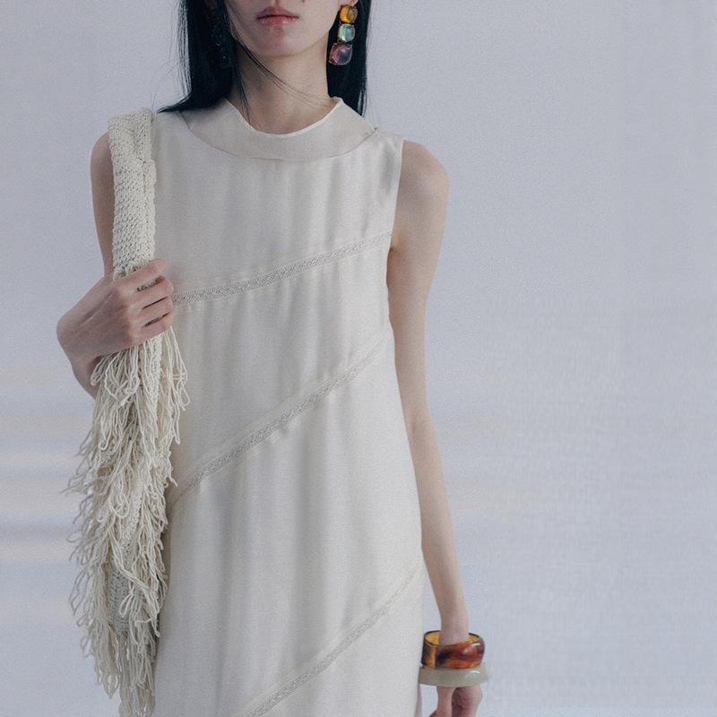 White Cliff Coast Tencel Lyocell Blend Designer-Inspired Mini Dress with Lace Trim, Vacation Long Dress with a Cool and Refreshing Feel