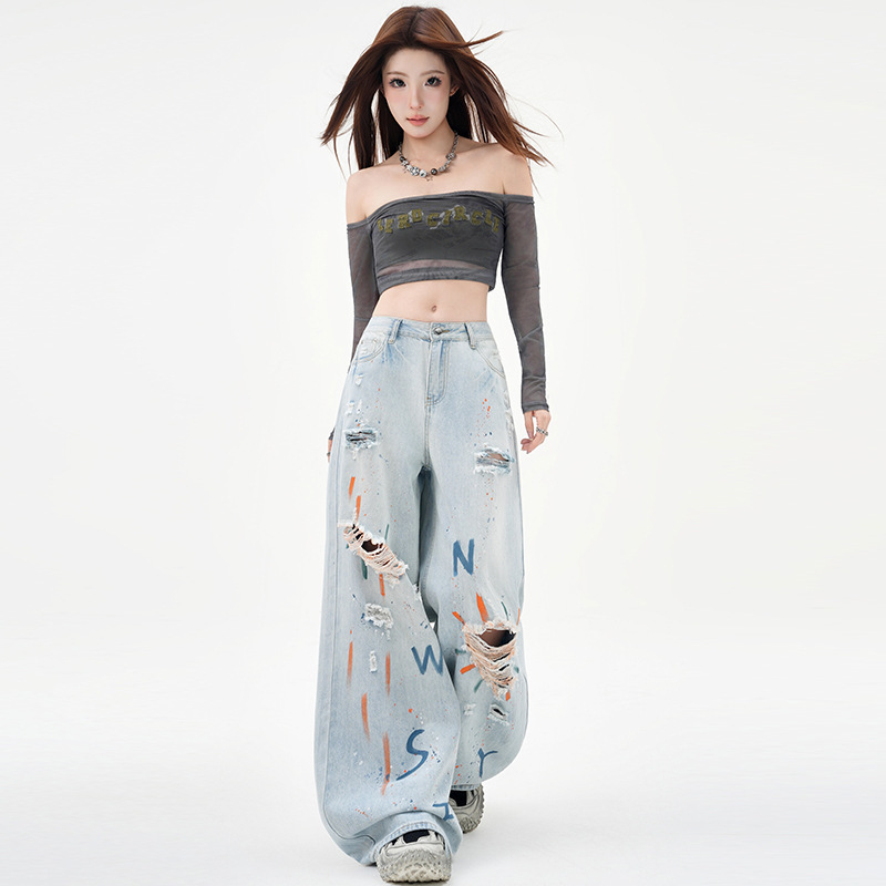 Printed Heavy Craftsmanship Ripped Wide-Leg Jeans for Women 2026 Spring and Autumn Graffiti Straight Pants Retro Floor-Length Pants