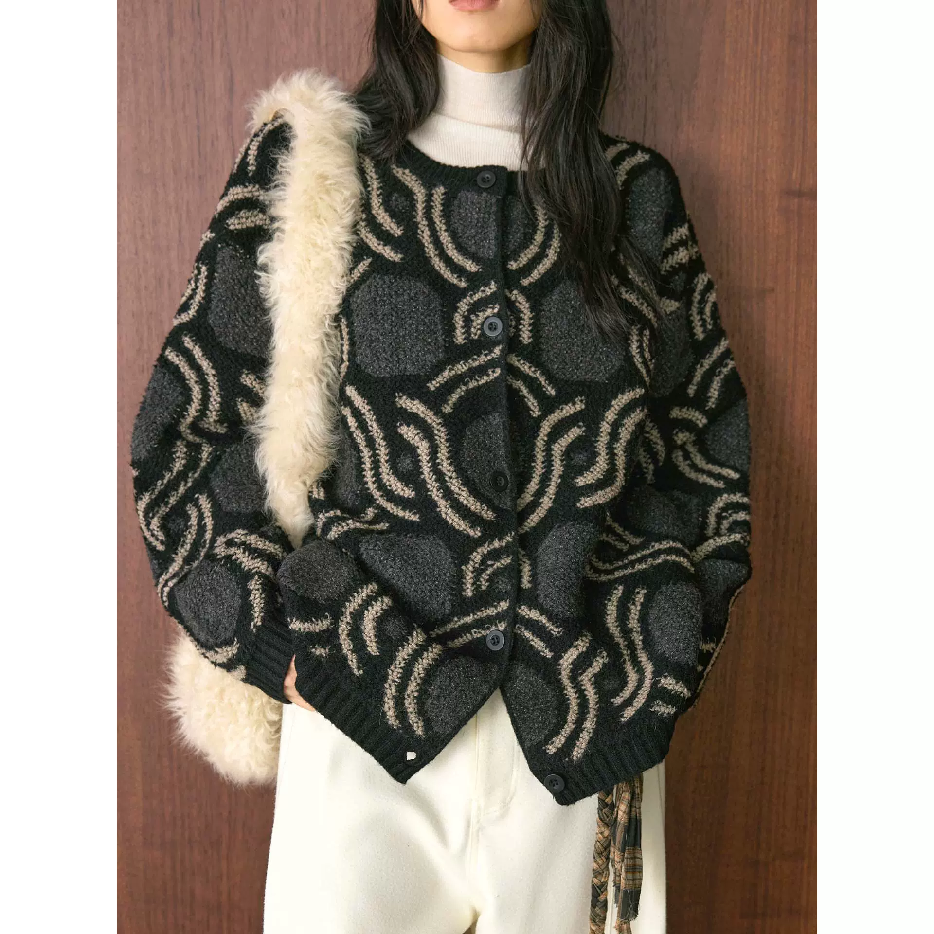 卢浮冬季韩系复古提花镂空针织羊毛开衫圆领休闲廓形宽松上衣女