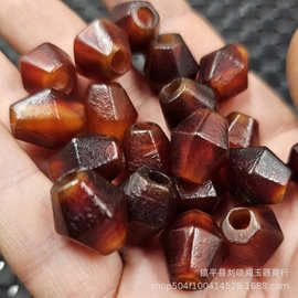 包浆红玛瑙大孔六棱珠路路通玉石散珠玉髓腰鼓珠多棱桶珠饰品配件