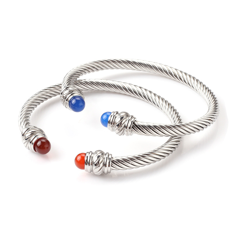 Fashion C Shape Stainless Steel Inlay Turquoise Beads Bangle 1 Piece