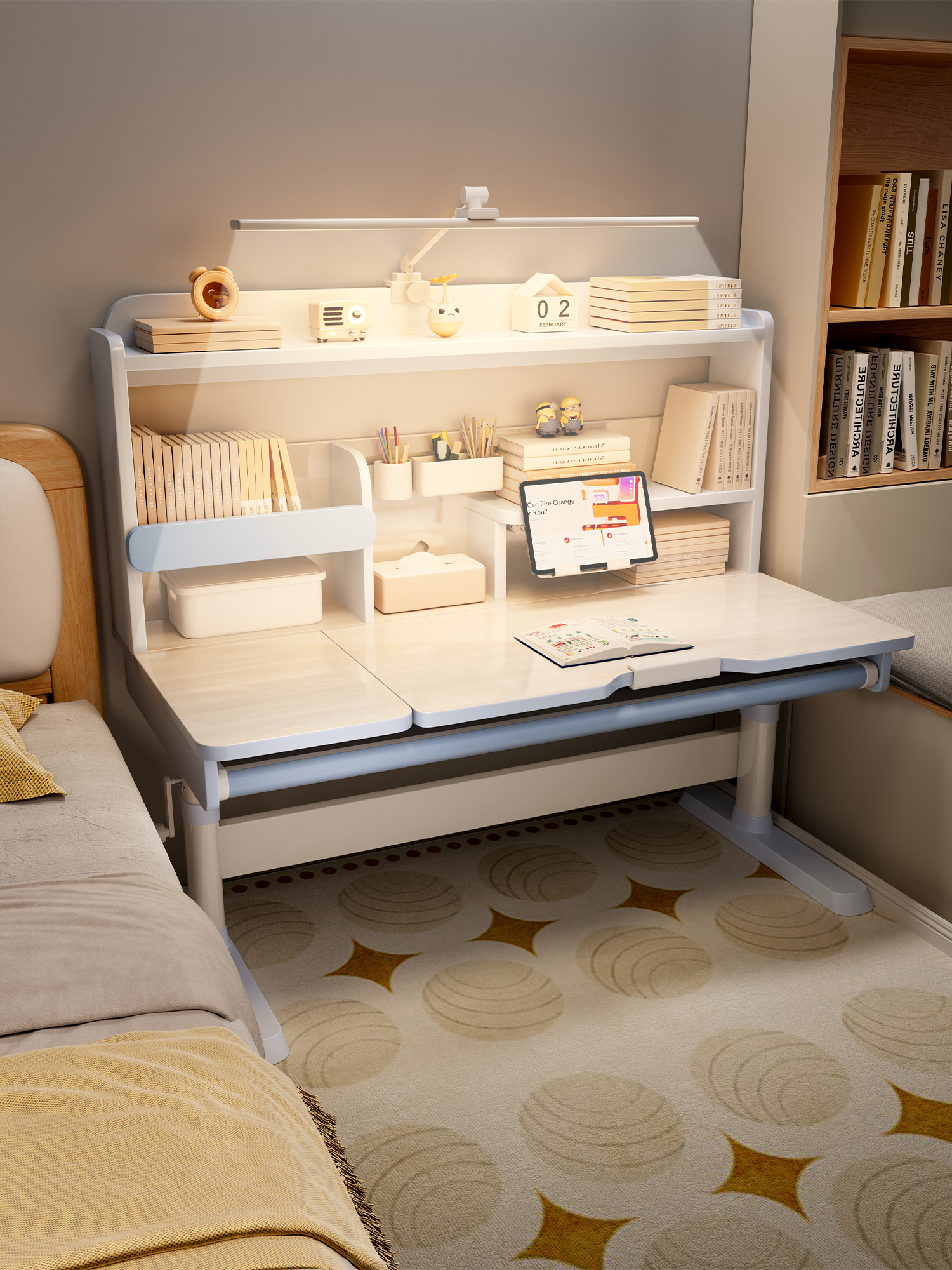 Children's Study Table, Primary School Student Writing Desk, Solid Wood Lifting Bookshelf Table, Home Homework Desk and Chair Set