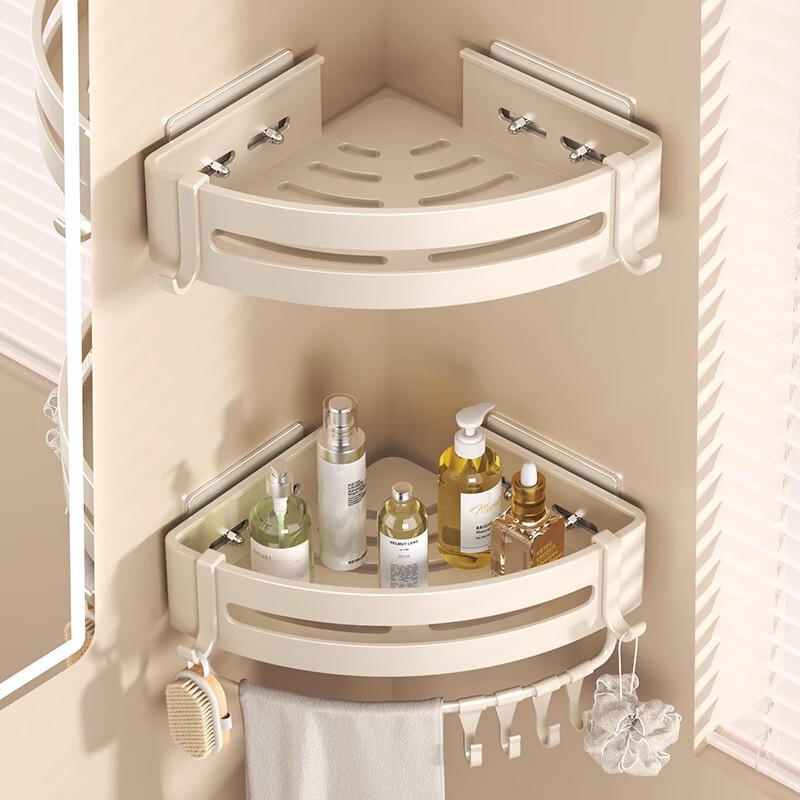 Cream-Colored Bathroom Shelf, No-Drill Installation, Triangular Basket for Toilet, Washbasin Wall Storage Corner Shelf