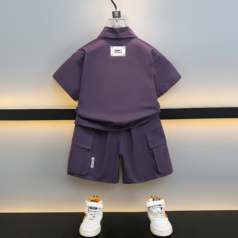 7206 traje de camisa a juego de colores para niños 2025 verano nuevo estilo bebé camisa de manga corta verano para niños de dos piezas de moda