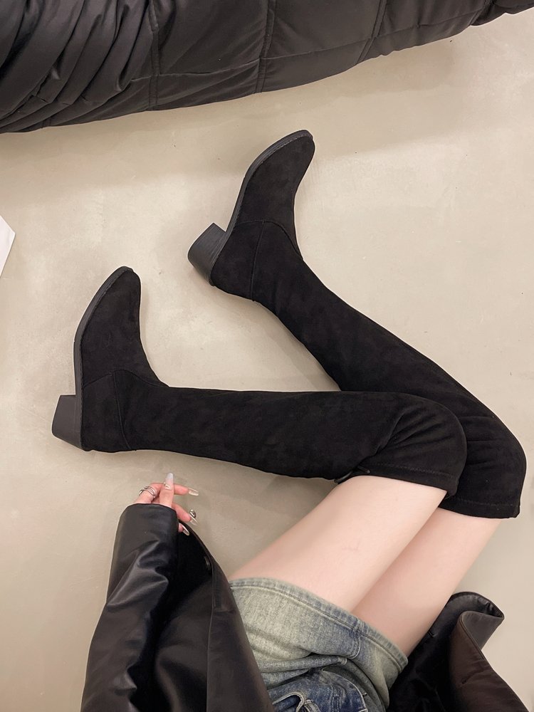 2024 new plus size versatile velvet style knee high fashion pointed thick heel slim elastic long boots_voghion.com