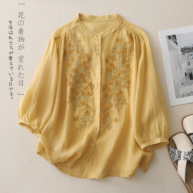4色のエスニックスタイルのコットンとリネンの刺繍入り七分袖シャツ、女性用、シングルブレスト、レトロで多用途なトップス、2025年夏スタイルシャツ|undefined