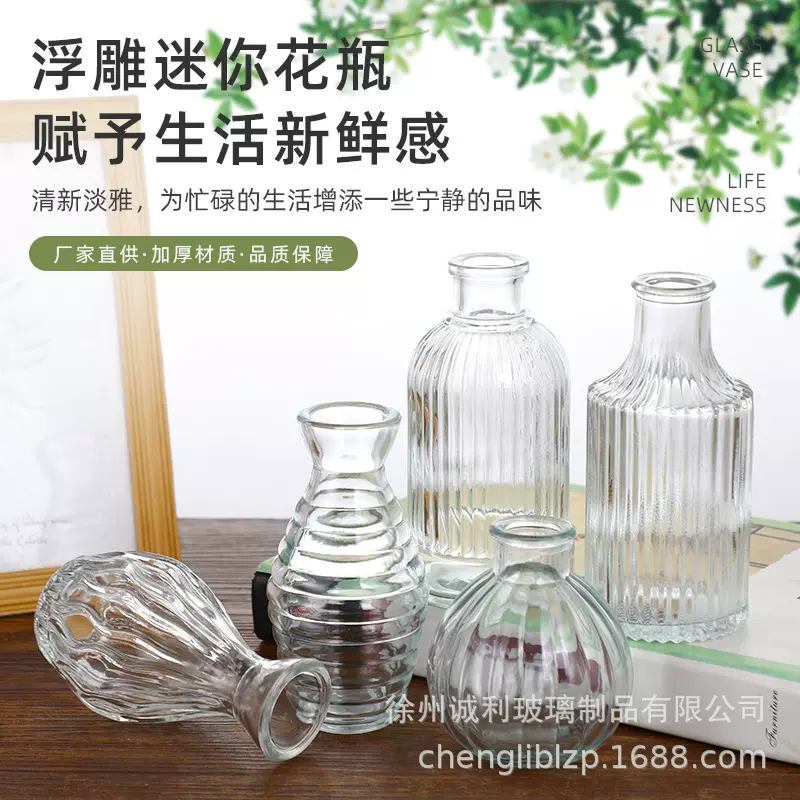 浮雕迷你小号玻璃花瓶定制欧式透明水培花瓶高级感轻奢家居装饰品