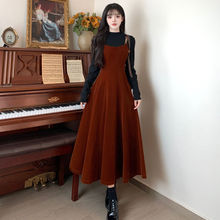 大码秋冬季新中式微胖mm显瘦法式气质丝绒长袖吊带连衣裙两件套装