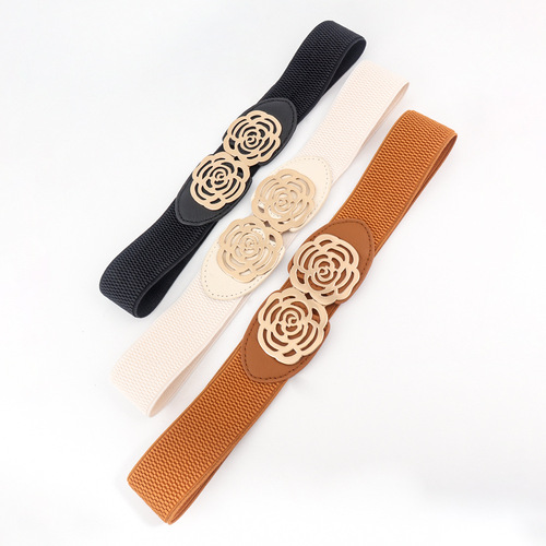 Summer belt for women with wide decorative girdle that can be worn with dresses, Korean style 4cm elastic metal round buckle waist ornament