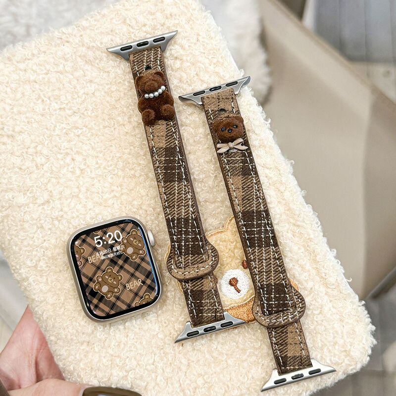 Suitable for Apple Watch Straps Iwatch9/8/7/6/5 12 Canvas Plaid Bow, Pearl Bear Wristband for Women Suitable for Apple Watch Straps Iwatch9/8/7/6/5 12 Canvas Plaid Bow, Pearl Bear Wristband for Women