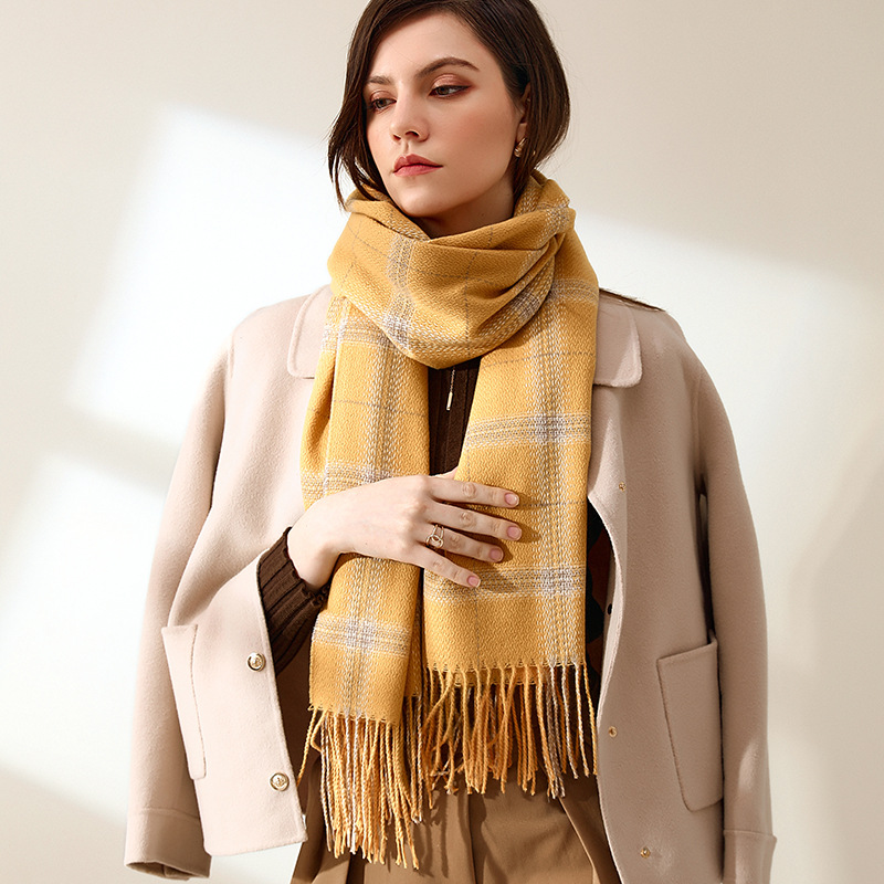 2024 Fashion Checkered Scarf New Cashmere Scarf Women's Sweet Shawl Warm Woven Tassel Autumn And Winter Scarf_voghion.com