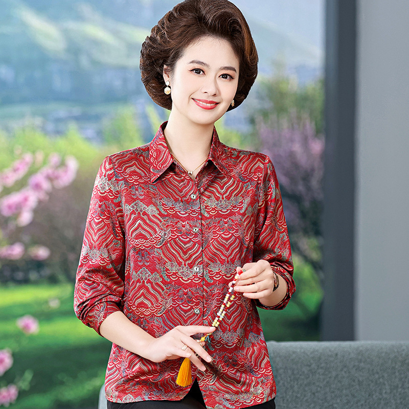 2026 New Summer Clothing for Middle-Aged and Elderly Women, Silk Long-Sleeve Shirt for 60-Year-Old Grandma, Silk Collared T-Shirt Blouse