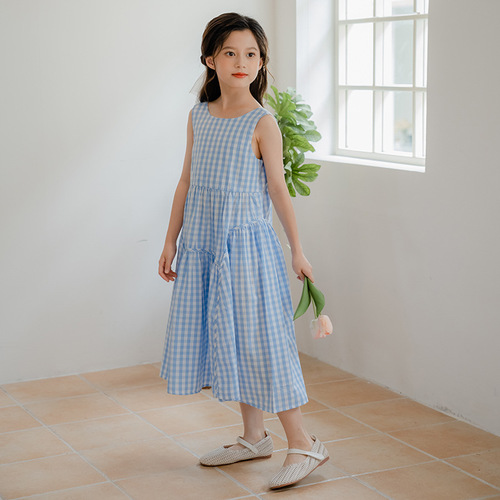 Girls 2024 New Princess Dress Korean Style Girls Dress Fashionable Girl Sleeveless Long Large Swing Cake Dress