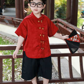 儿童红色中式短袖套装男童唐装汉服宝宝古风表演服装唐装一件代发