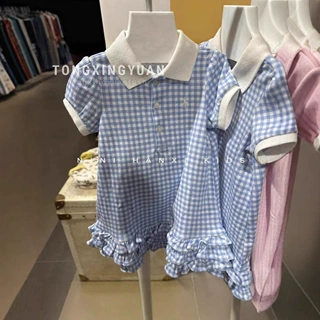女童装新款夏季儿童蓝格花边公主裙小女孩淑女洋气polo领连衣裙子