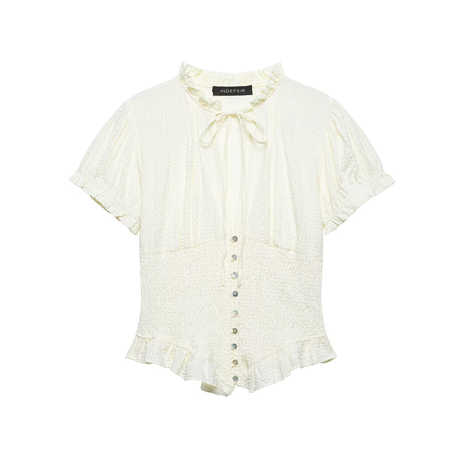 Women's Sweet Bow Detail Short Sleeve Blouse, Flattering Bubble Sleeve Top With Lace Trim, Spring Essential In Beige, Brown, Pink, Light Blue, Navy_ecoleips.com