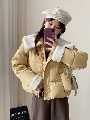 Winter new style down cotton coat, women's short, small, horn button, warm cotton coat, lamb hair cotton coat, coat