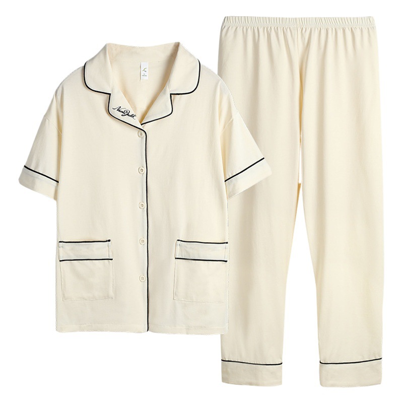 Pijamas de mujer primavera y verano 100% algodón fino pantalones de manga corta blanco ropa de casa primavera y otoño traje de talla grande