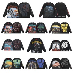 アメリカンスタイルのロックストリートレトロウォッシュ加工スカルプリント純綿半袖Tシャツ、夏向けカップル向け