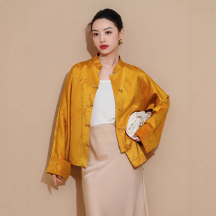 New Chinese Style National Style Golden Coat Women's 2025 Spring New High-end Acetic Acid Tang Suit Thin Shirt