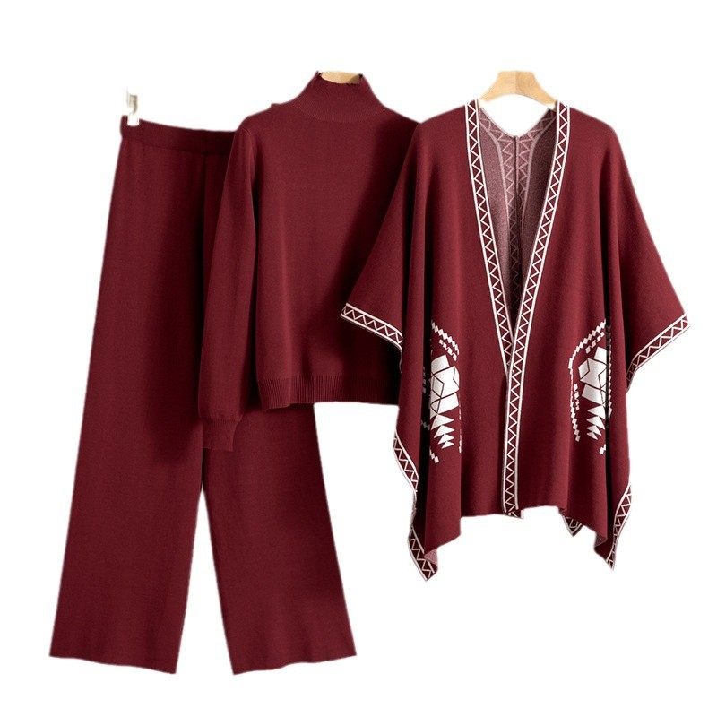 Women's Clothing loose lazy high necked sweater outer wear shawl cape coat wide leg pants three piece suit women autumn and winter_voghion.com