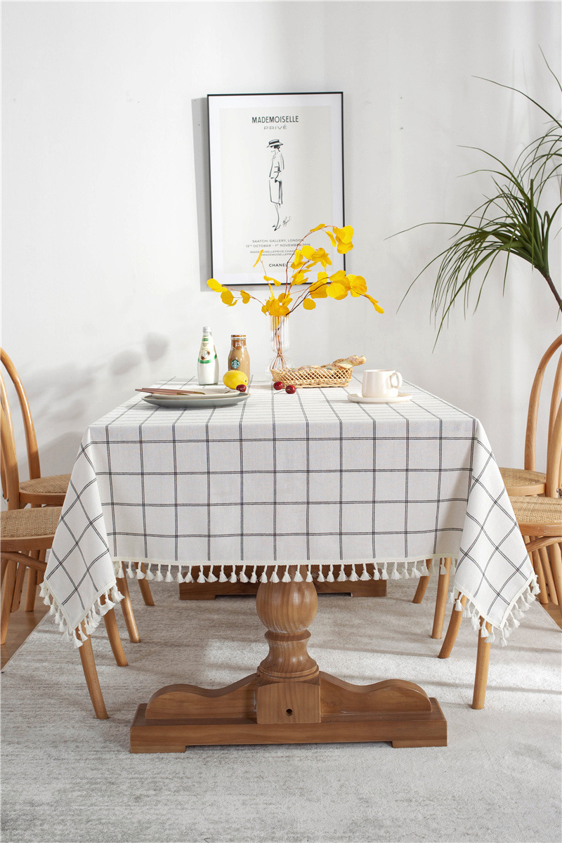 Cafe Double-line Plaid Cotton-polyester-linen Tassel Geometric Rectangular Dining And Coffee Table Tablecloth, Available_voghion.com