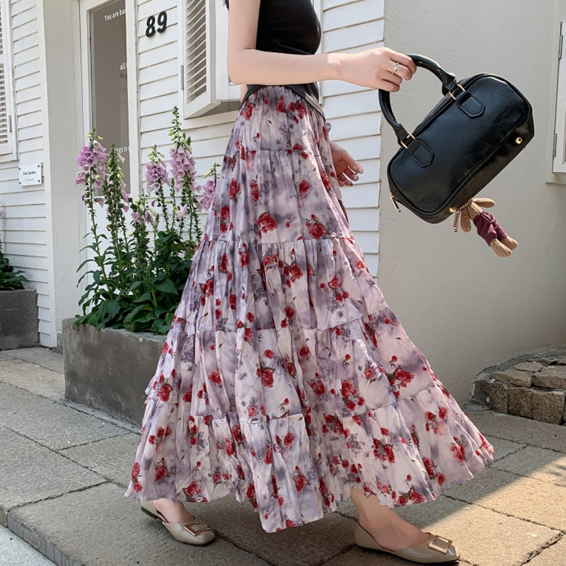 碎花长裙半身裙女夏季2025新款垂感遮跨显瘦蛋糕裙显廋雪纺a字裙|undefined