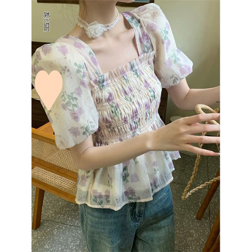Floral chiffon blouse short sleeve women 2025 summer design sense niche waist French bubble sleeve top