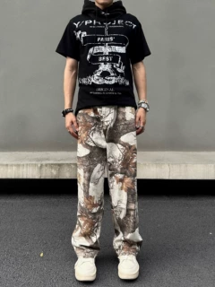 美式复古树枝枫叶迷彩牛仔裤男春秋季新款高街vibe阔腿休闲长裤子